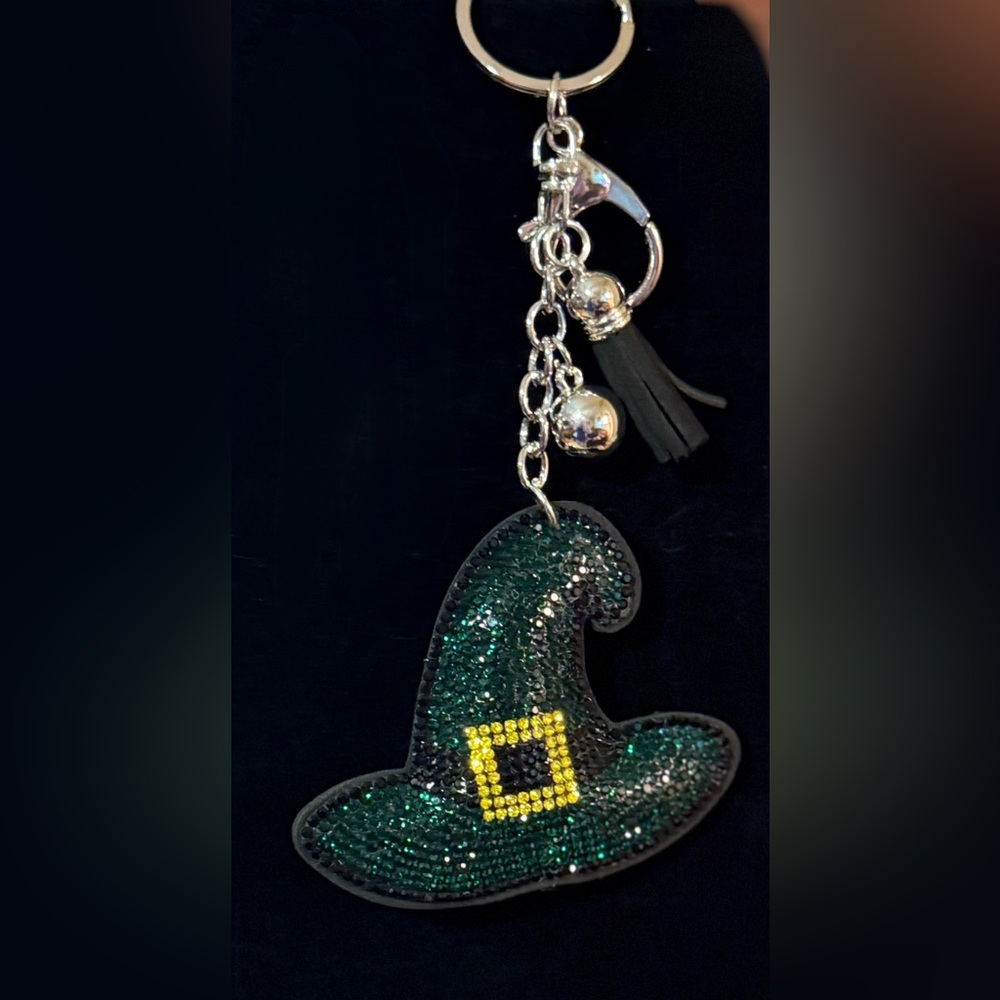 Halloween Wicked Green Witch Hat Rhinestone Bag Charm Keyring